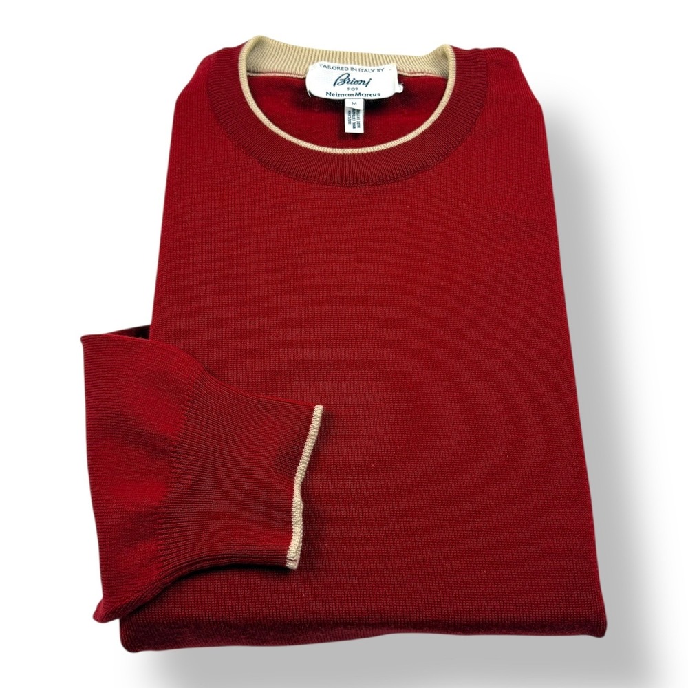 Brioni‎ for Neiman Marcus Mens Red 100% Extrafine Wool Crewneck Sweater Medium